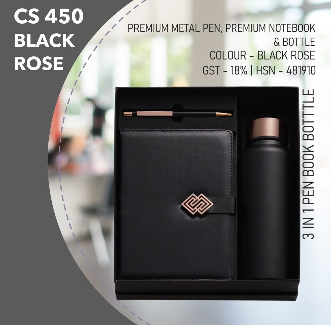 Black Rose Elite Gift Set – Premium Notebook, Metal Pen & Bottle