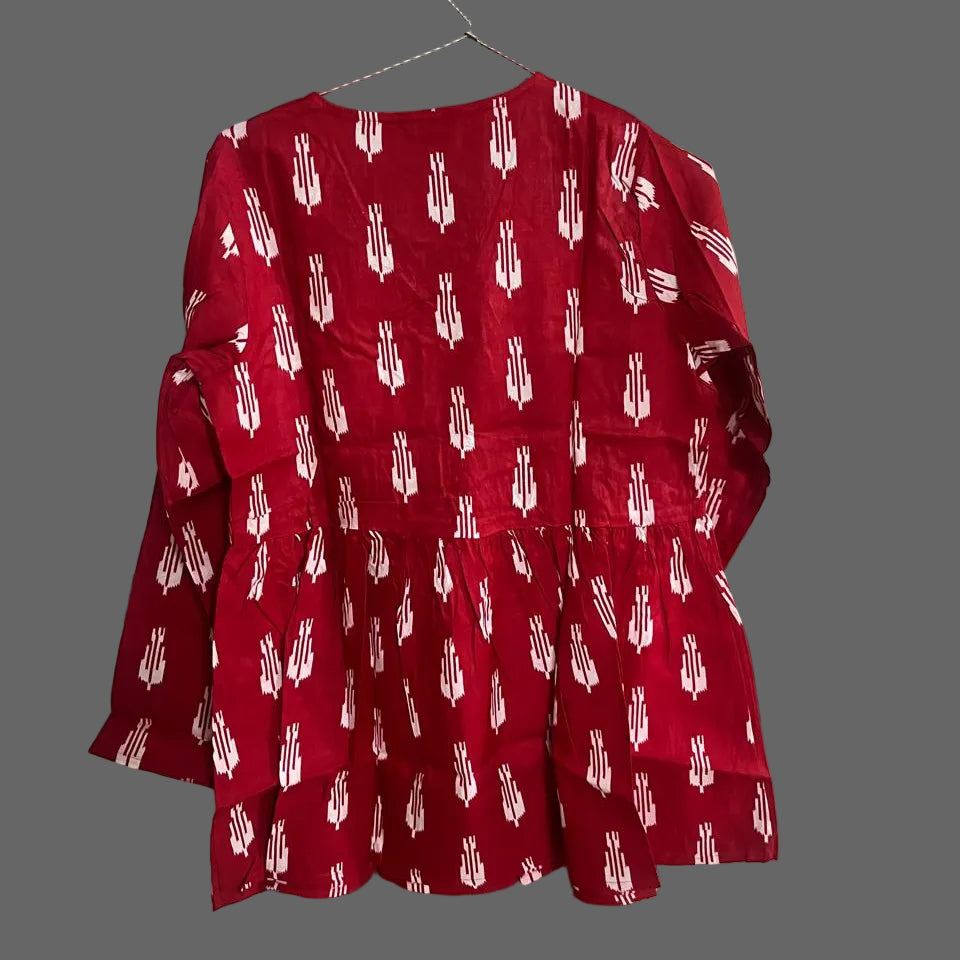 Women’s Red Ikat Print Alia Top | Premium Soft Cotton | V-Neck | Full Sleeves