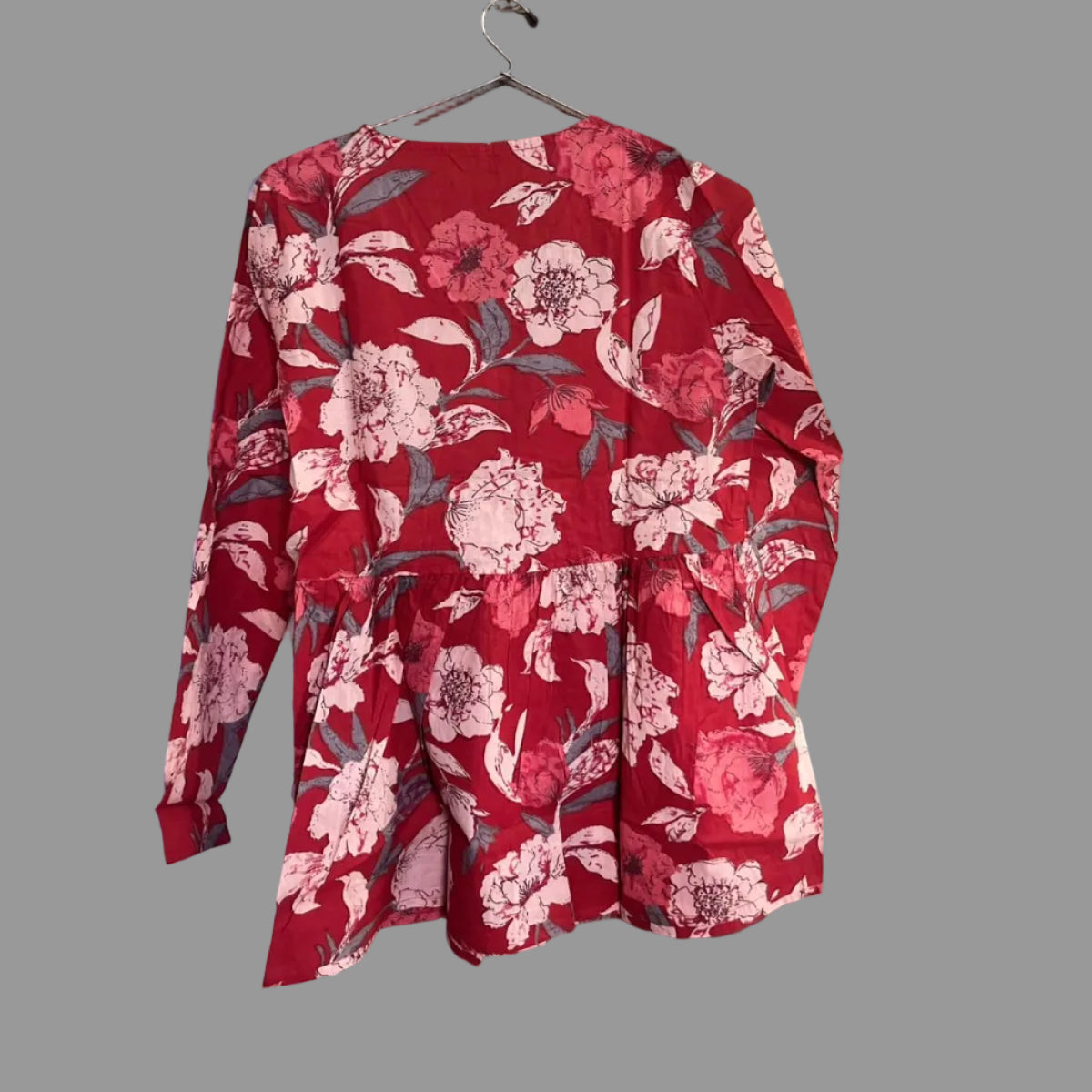 Women’s Red Floral Alia Top | Premium Soft Cotton | V-Neck | Full Sleeves