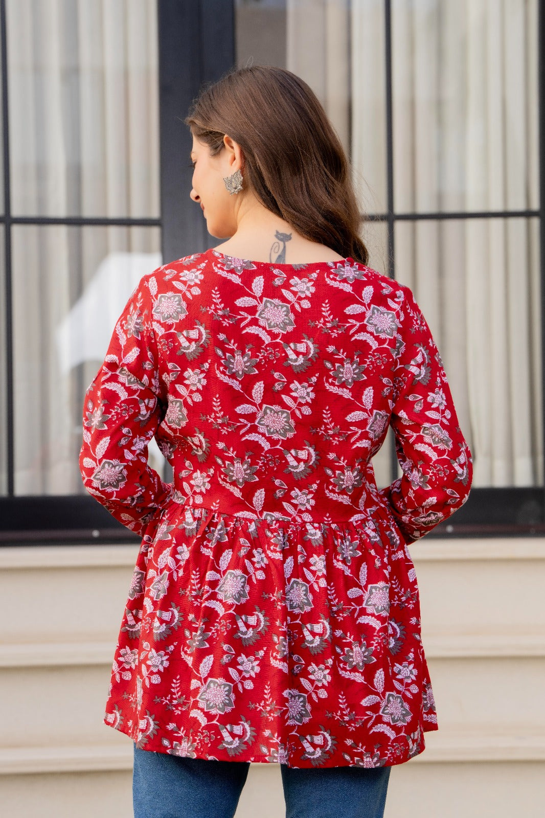 Red Floral Printed Cotton Tunic Top