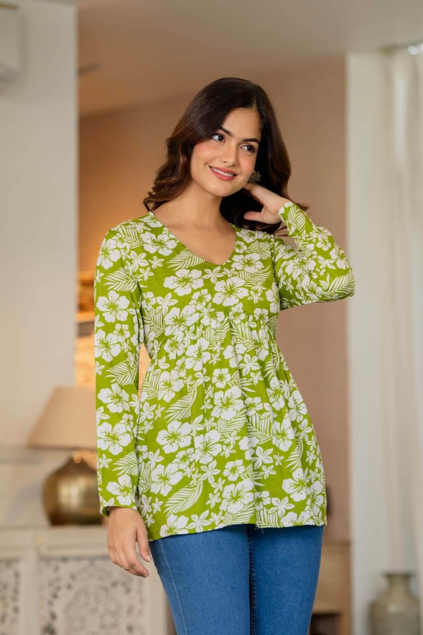 Lime Green Floral Printed Cotton Tunic Top