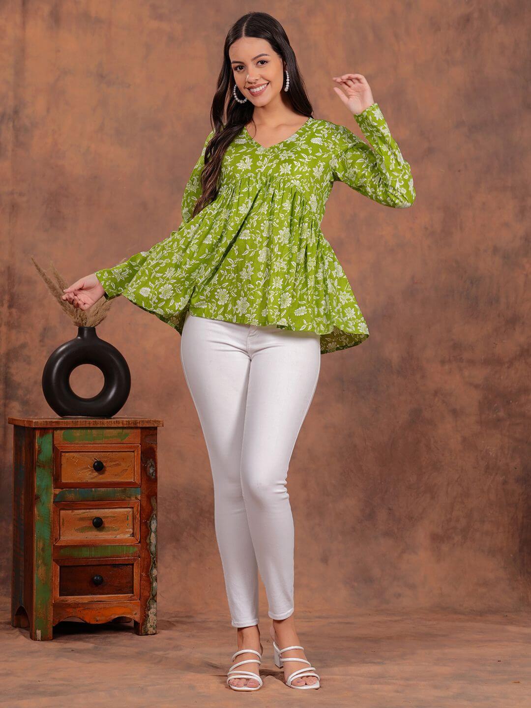 Olive Green Floral Printed Cotton Tunic Top