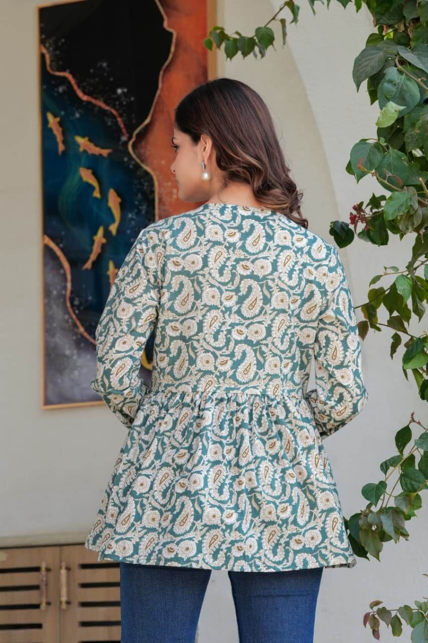 Sea Green Paisley Printed Cotton Tunic Top