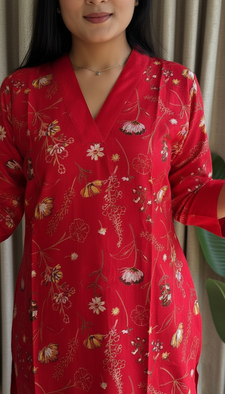 Red Floral Printed Vertical Silk Kurta Set