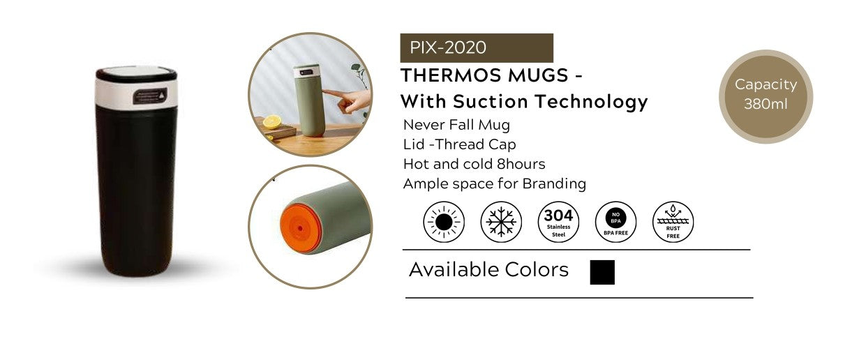 Thermos Mug with Suction Technology – 380 ml Never-Fall Travel Mug | Stainless Steel | Hot & Cold for 8 Hours