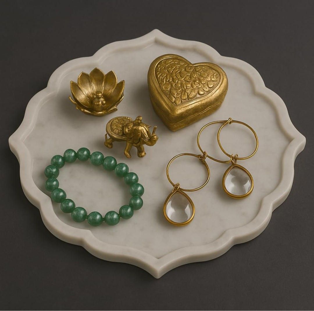 Arti Thali, Pooja Thali, White Marble, Pooja Thali for Diwali, Karwa Chauth, Aarti Plate, Pooja Plate, Brass