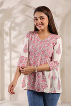Ivory Pure Cotton Pink Buta Printed Peplum Top