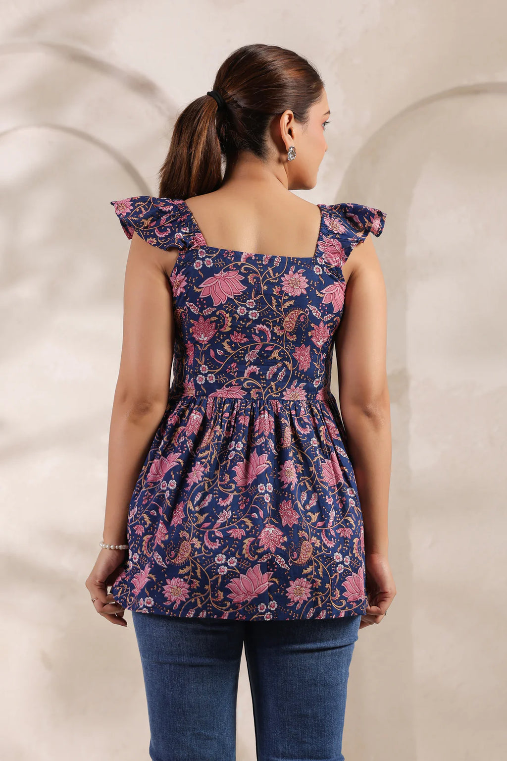 Navy Blue Pure Cotton Lotus Floral Printed Peplum Top