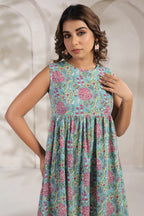 Green jal print dress crafted from pure cotton