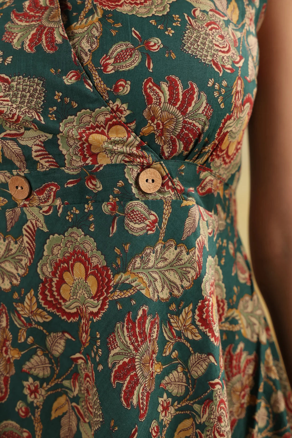 Women’s Pure Cotton Hand Block Printed Flared Maxi Dress – Teal Green Floral