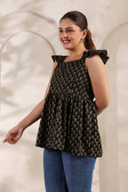 Black Pure Cotton Gold Booti Printed Peplum Top