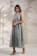 Green jal print dress crafted from pure cotton