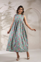 Green jal print dress crafted from pure cotton