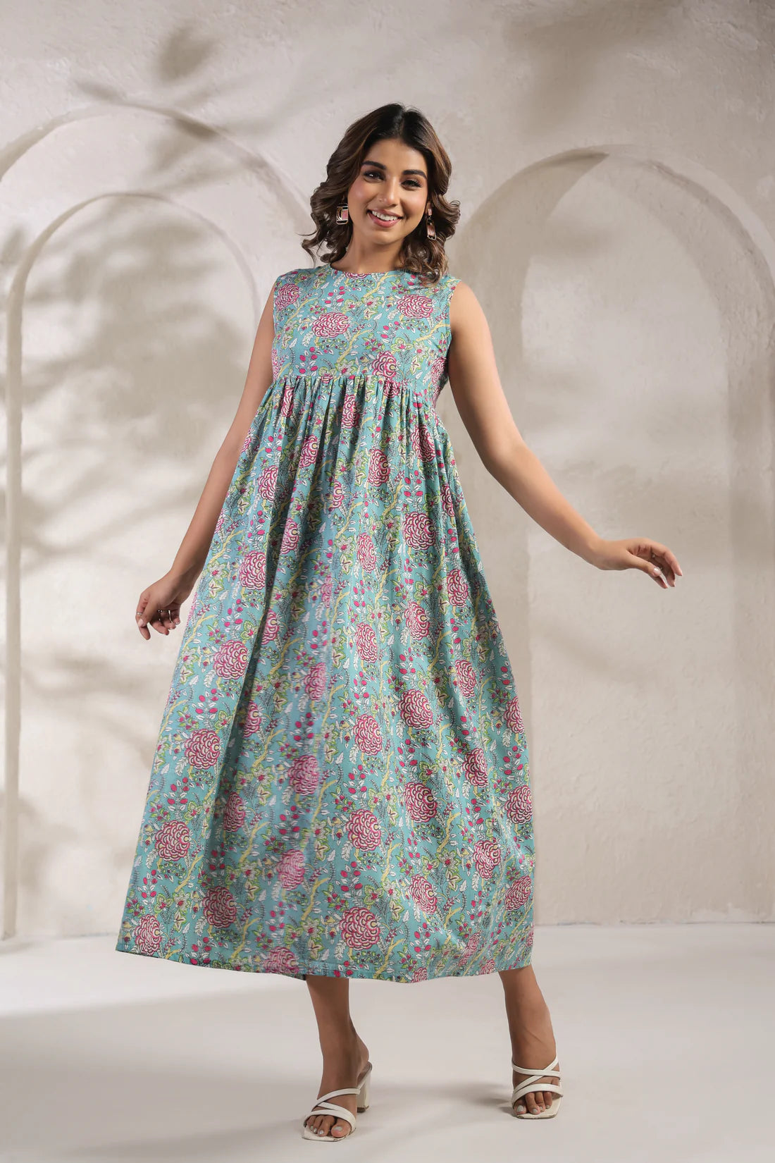 Green jal print dress crafted from pure cotton
