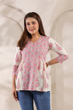 Ivory Pure Cotton Pink Buta Printed Peplum Top