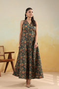 Women’s Pure Cotton Hand Block Printed Flared Maxi Dress – Teal Green Floral