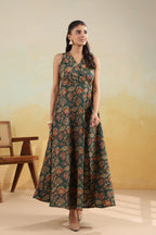 Women’s Pure Cotton Hand Block Printed Flared Maxi Dress – Teal Green Floral