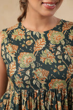 Dark Green Floral Printed Sleeveless Cotton Flare Dress for Women