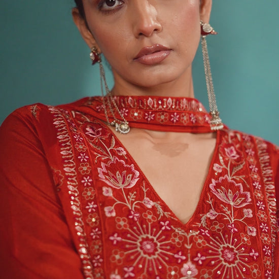 Rust Silk Blend Embroidered and Mirrorworka Straight Kurta Set with Choker Net Dupatta