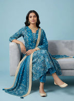 Teal Blue Mughal Floral Block Print Pure Cotton Kurta, Pants & Dupatta 3-Piece Set with Gold Foil Detail & Lace Border