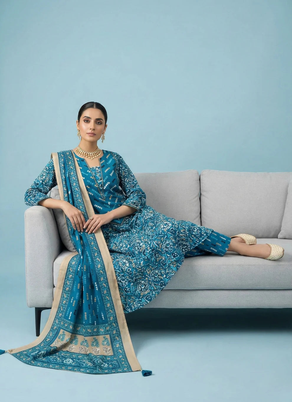 Teal Blue Mughal Floral Block Print Pure Cotton Kurta, Pants & Dupatta 3-Piece Set with Gold Foil Detail & Lace Border