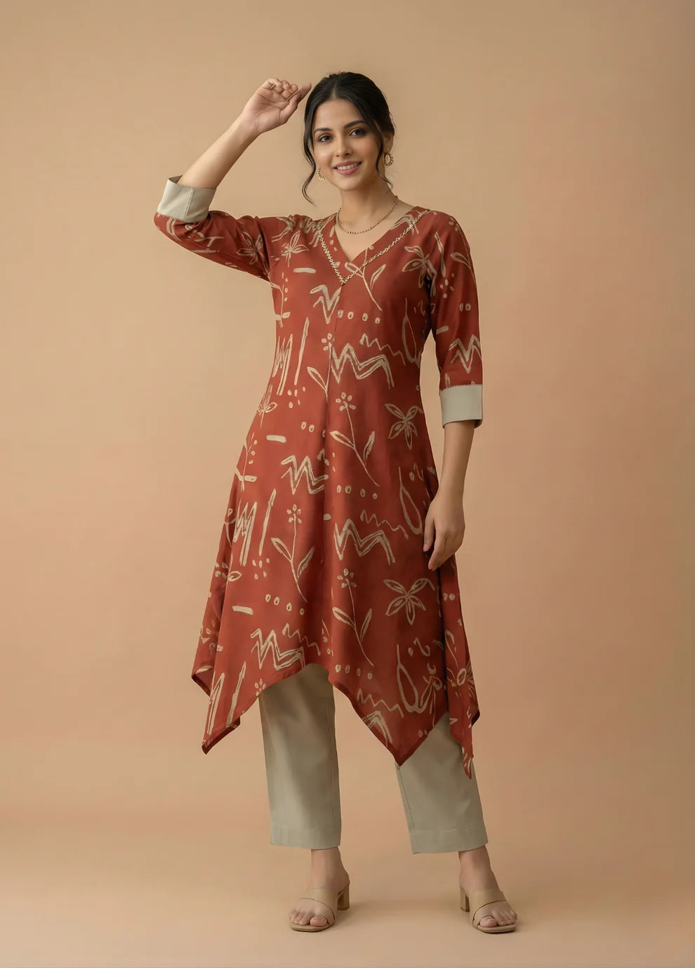 Rust Abstract Print Pure Cotton Asymmetric Hem Kurta with Straight Pants