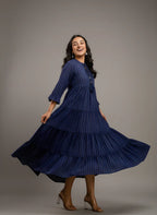 Pure Cotton Navy Blue Flared Dress