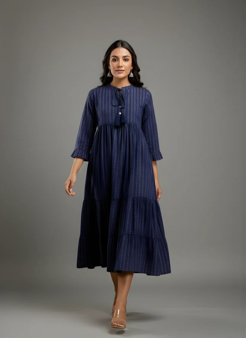 Pure Cotton Navy Blue Flared Dress