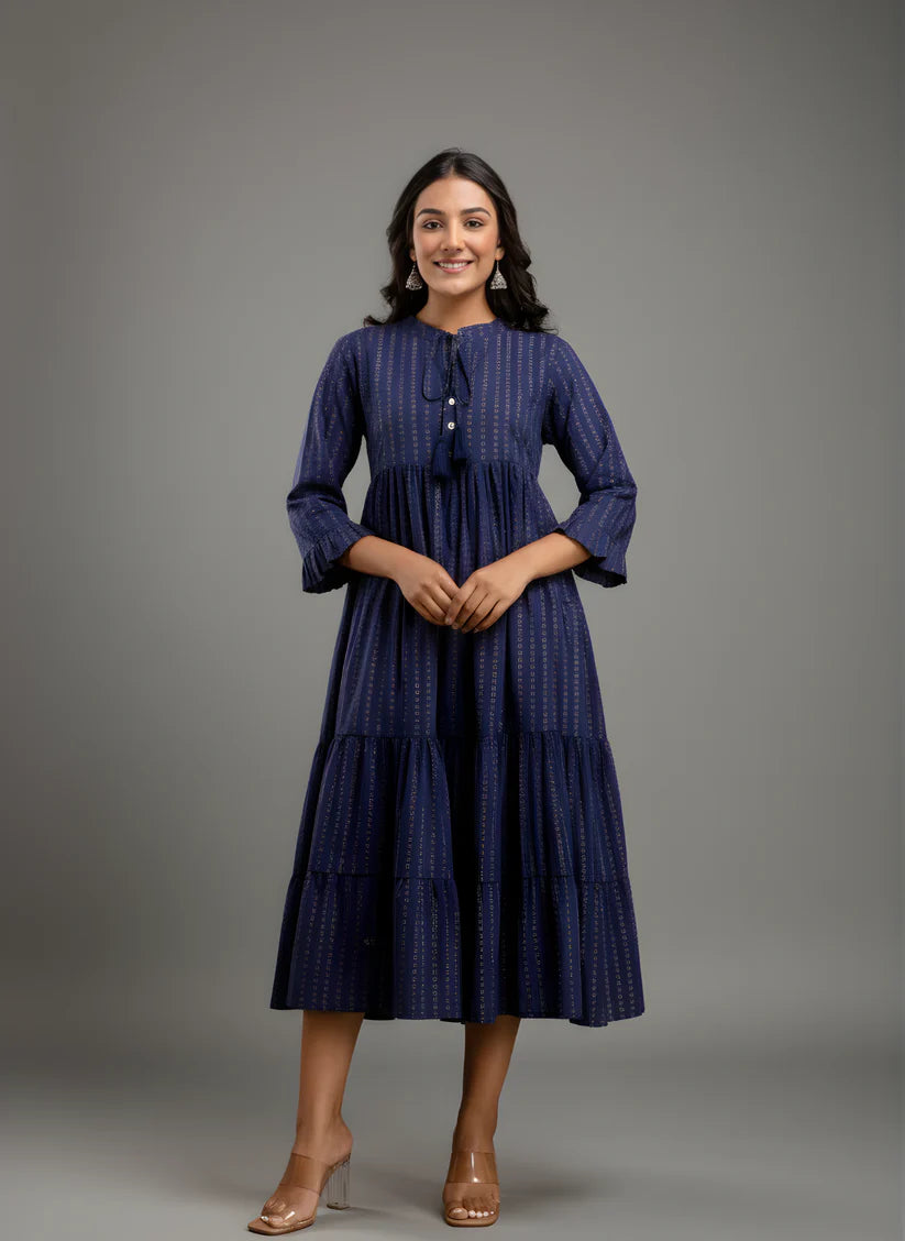 Pure Cotton Navy Blue Flared Dress