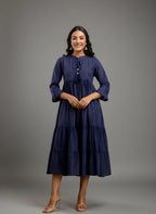 Pure Cotton Navy Blue Flared Dress