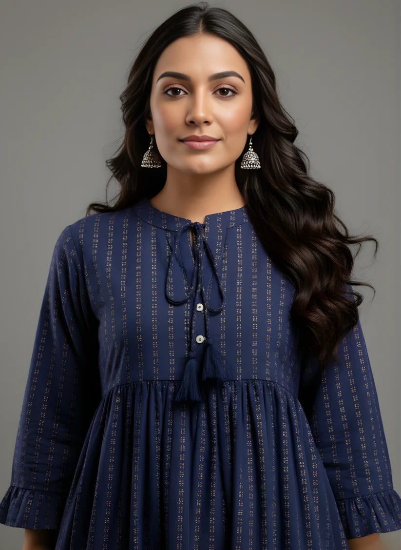 Pure Cotton Navy Blue Flared Dress