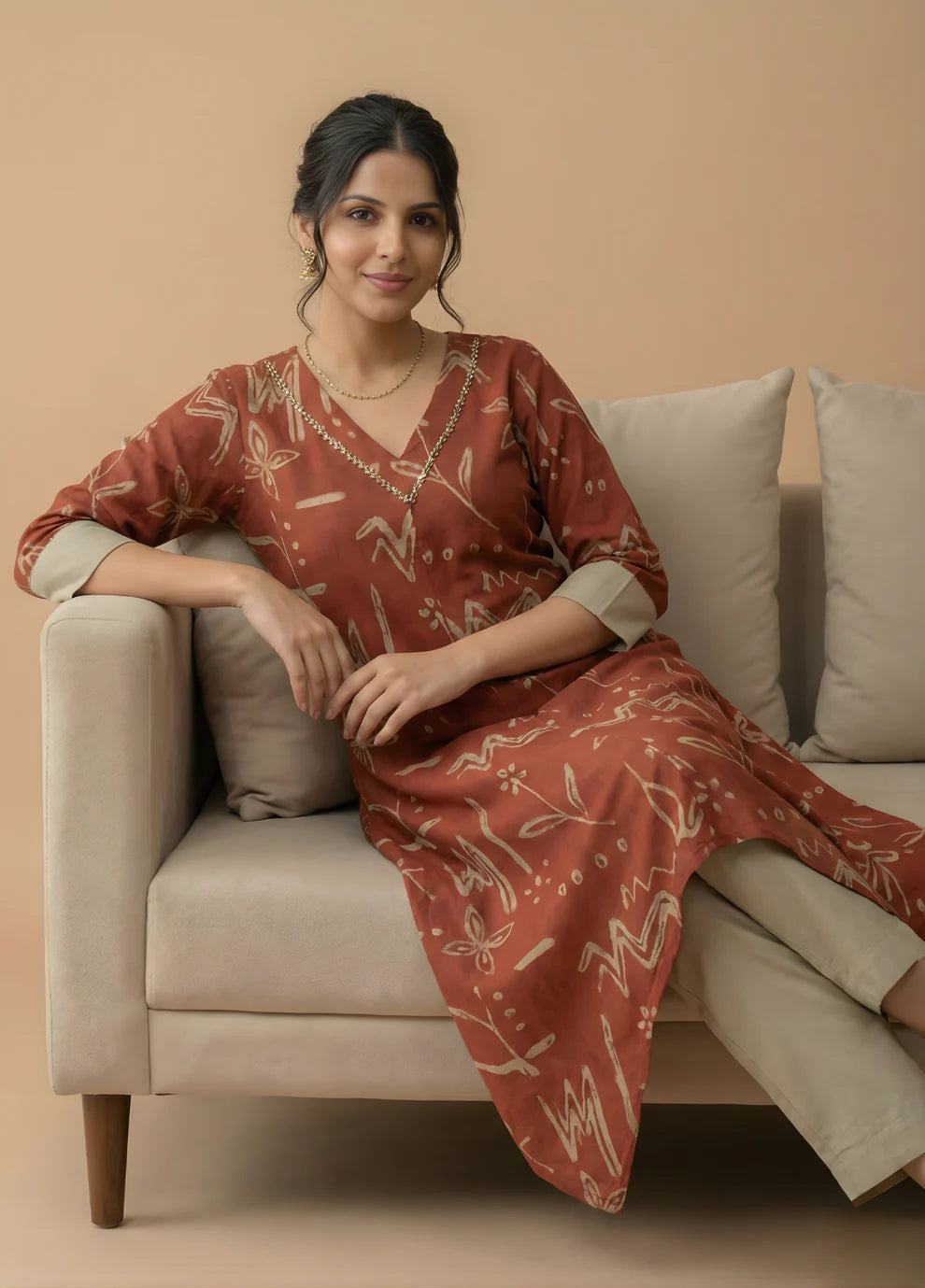 Rust Abstract Print Pure Cotton Asymmetric Hem Kurta with Straight Pants