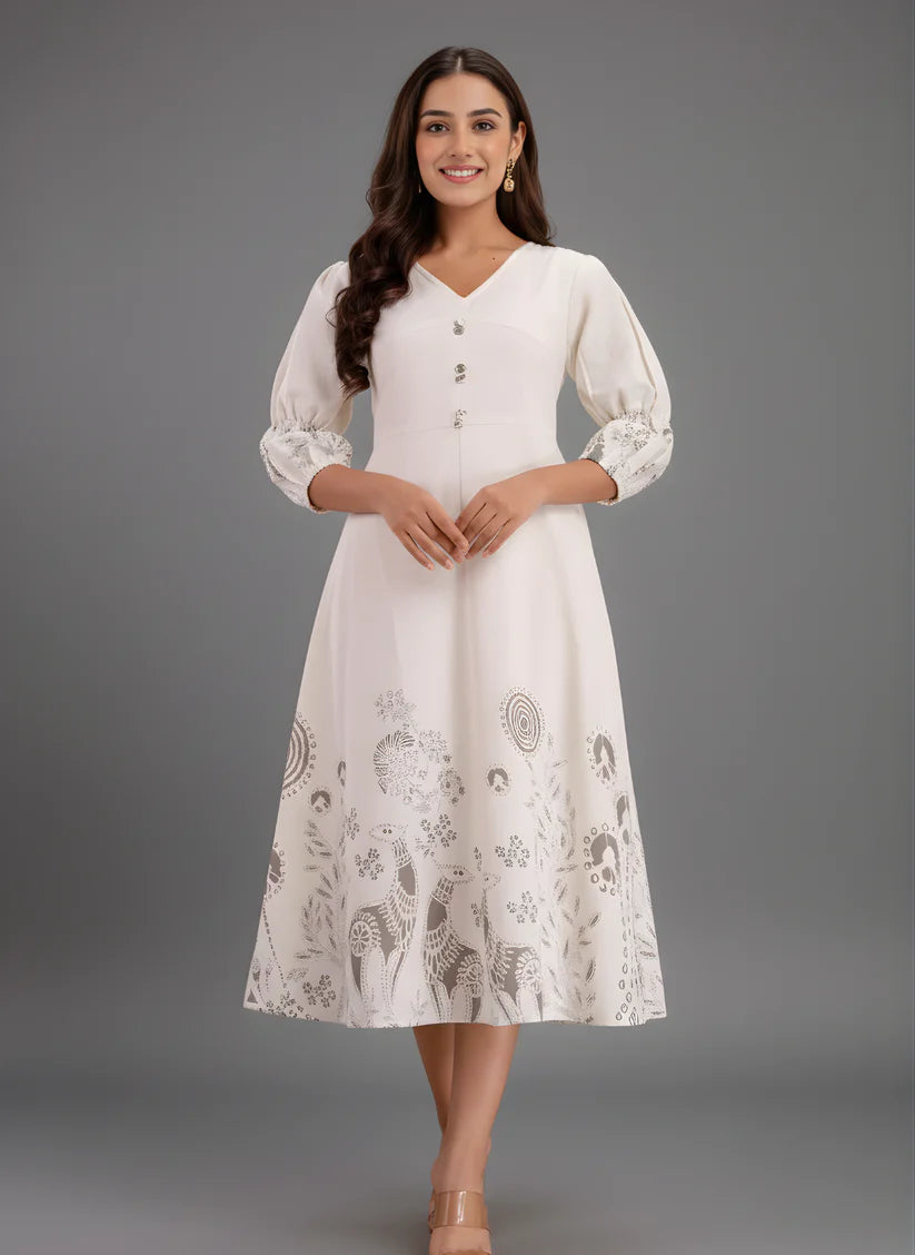 Pure Cotton White Printed Midi Dress