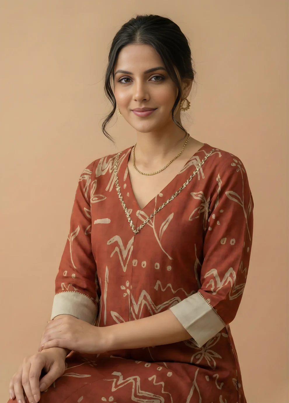Rust Abstract Print Pure Cotton Asymmetric Hem Kurta with Straight Pants