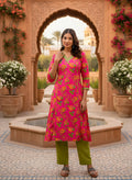 Rani Pink Bold Floral Print Pure Cotton A-Line Kurta & Olive Green Pants Set with Contrast Trim
