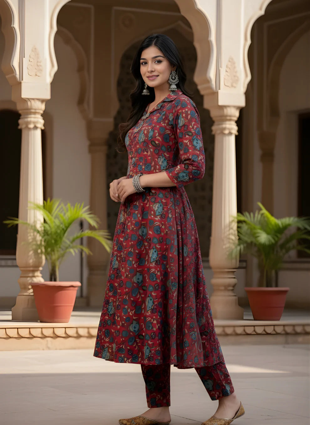 Crimson Garden Pure Cotton Printed A-Line Kurta & Pant Set | Ethnic Floral