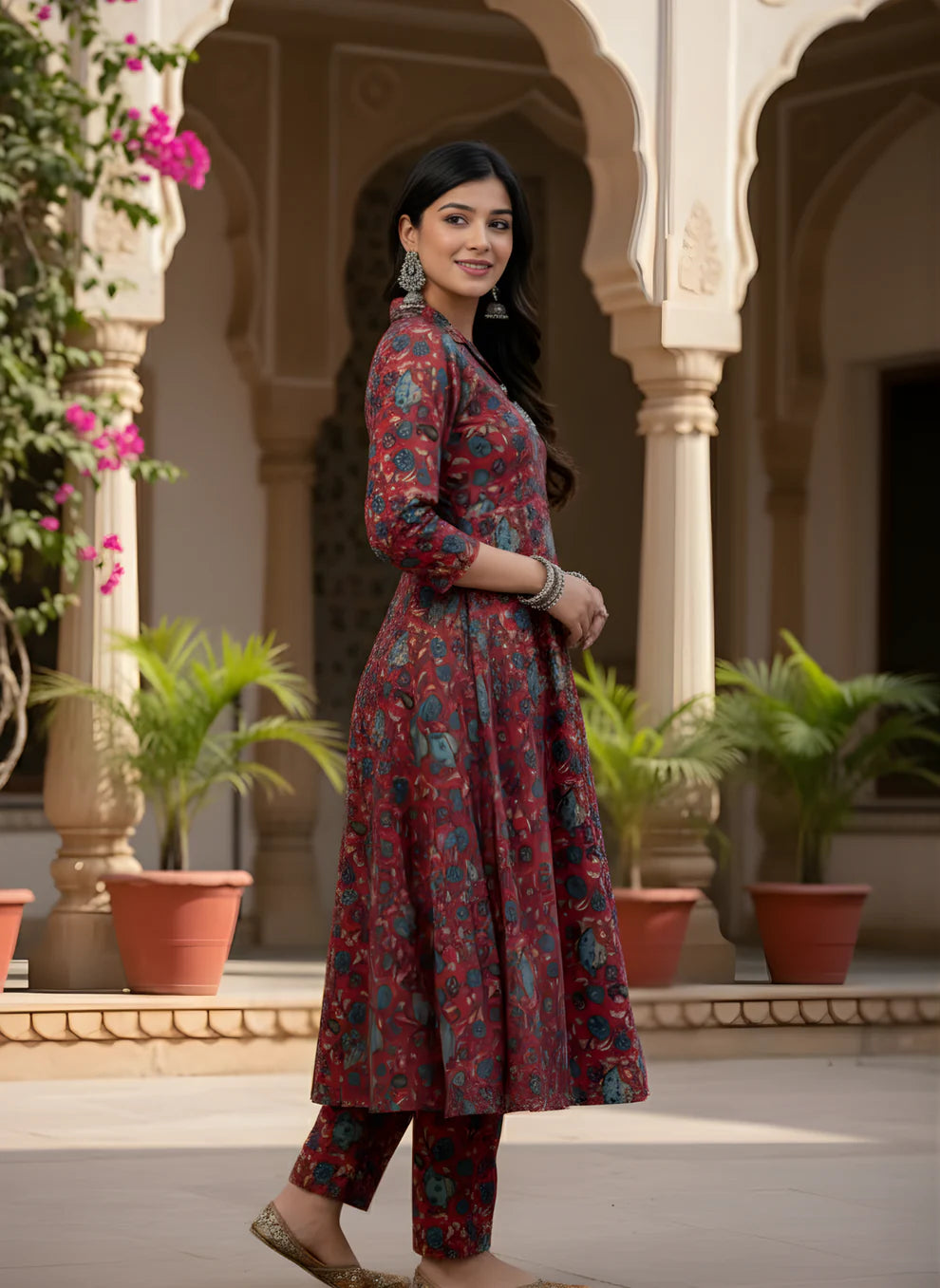 Crimson Garden Pure Cotton Printed A-Line Kurta & Pant Set | Ethnic Floral