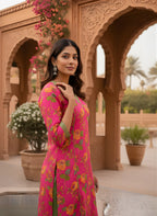 Rani Pink Bold Floral Print Pure Cotton A-Line Kurta & Olive Green Pants Set with Contrast Trim