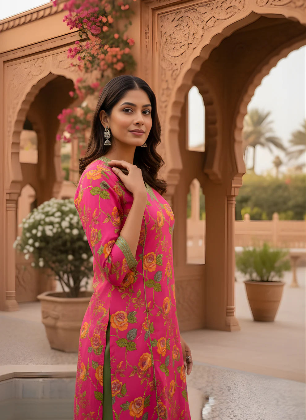 Rani Pink Bold Floral Print Pure Cotton A-Line Kurta & Olive Green Pants Set with Contrast Trim
