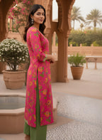 Rani Pink Bold Floral Print Pure Cotton A-Line Kurta & Olive Green Pants Set with Contrast Trim