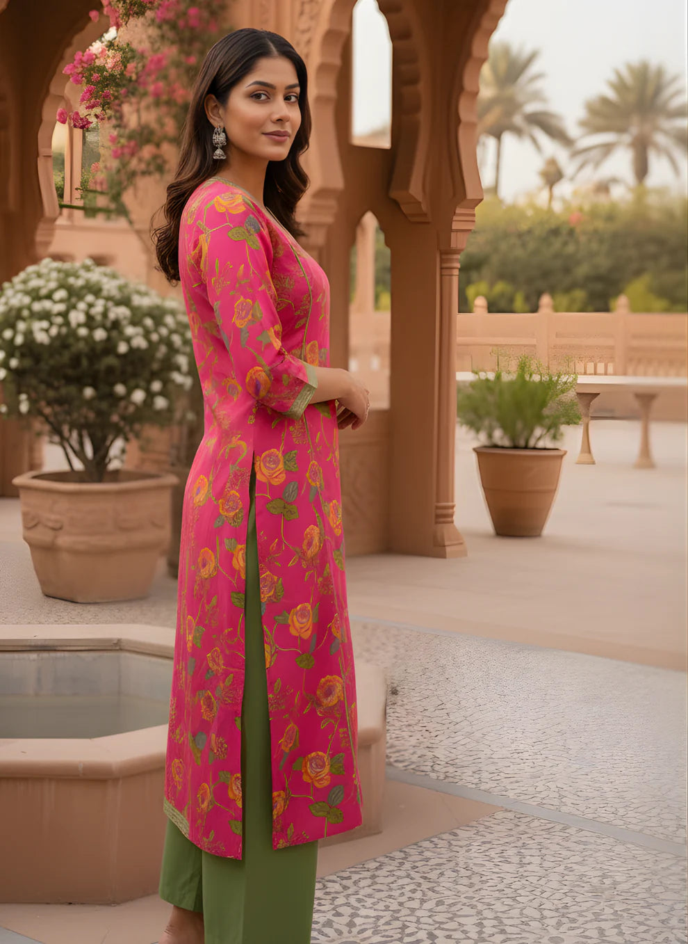 Rani Pink Bold Floral Print Pure Cotton A-Line Kurta & Olive Green Pants Set with Contrast Trim