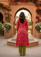 Rani Pink Bold Floral Print Pure Cotton A-Line Kurta & Olive Green Pants Set with Contrast Trim