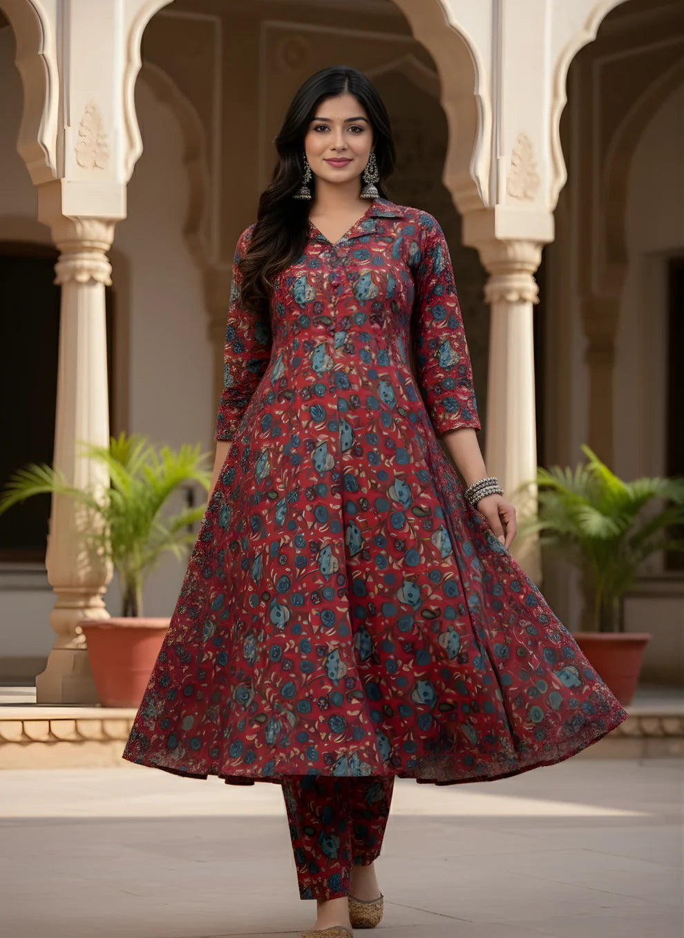 Crimson Garden Pure Cotton Printed A-Line Kurta & Pant Set | Ethnic Floral