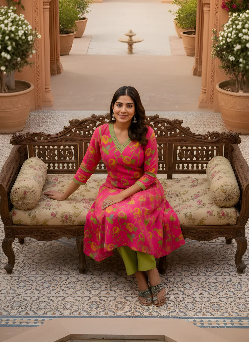 Rani Pink Bold Floral Print Pure Cotton A-Line Kurta & Olive Green Pants Set with Contrast Trim