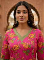 Rani Pink Bold Floral Print Pure Cotton A-Line Kurta & Olive Green Pants Set with Contrast Trim