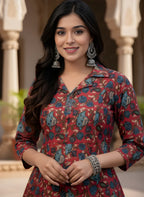 Crimson Garden Pure Cotton Printed A-Line Kurta & Pant Set | Ethnic Floral