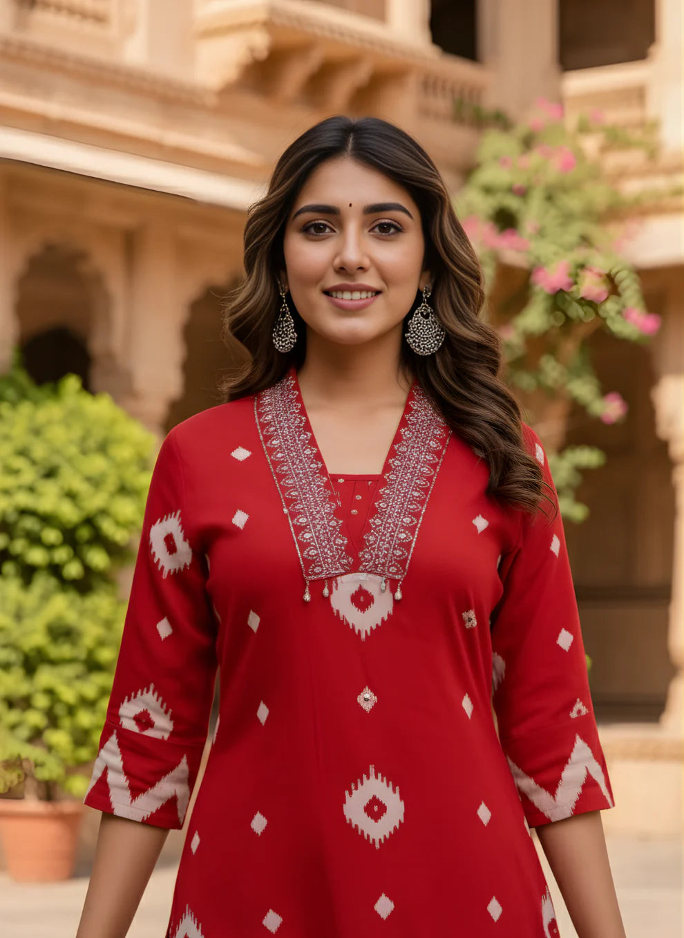 Red Ikat Geometric Print Pure Cotton Flared Anarkali Kurta & Pants Set with Embroidered V-Yoke