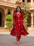Red Ikat Geometric Print Pure Cotton Flared Anarkali Kurta & Pants Set with Embroidered V-Yoke