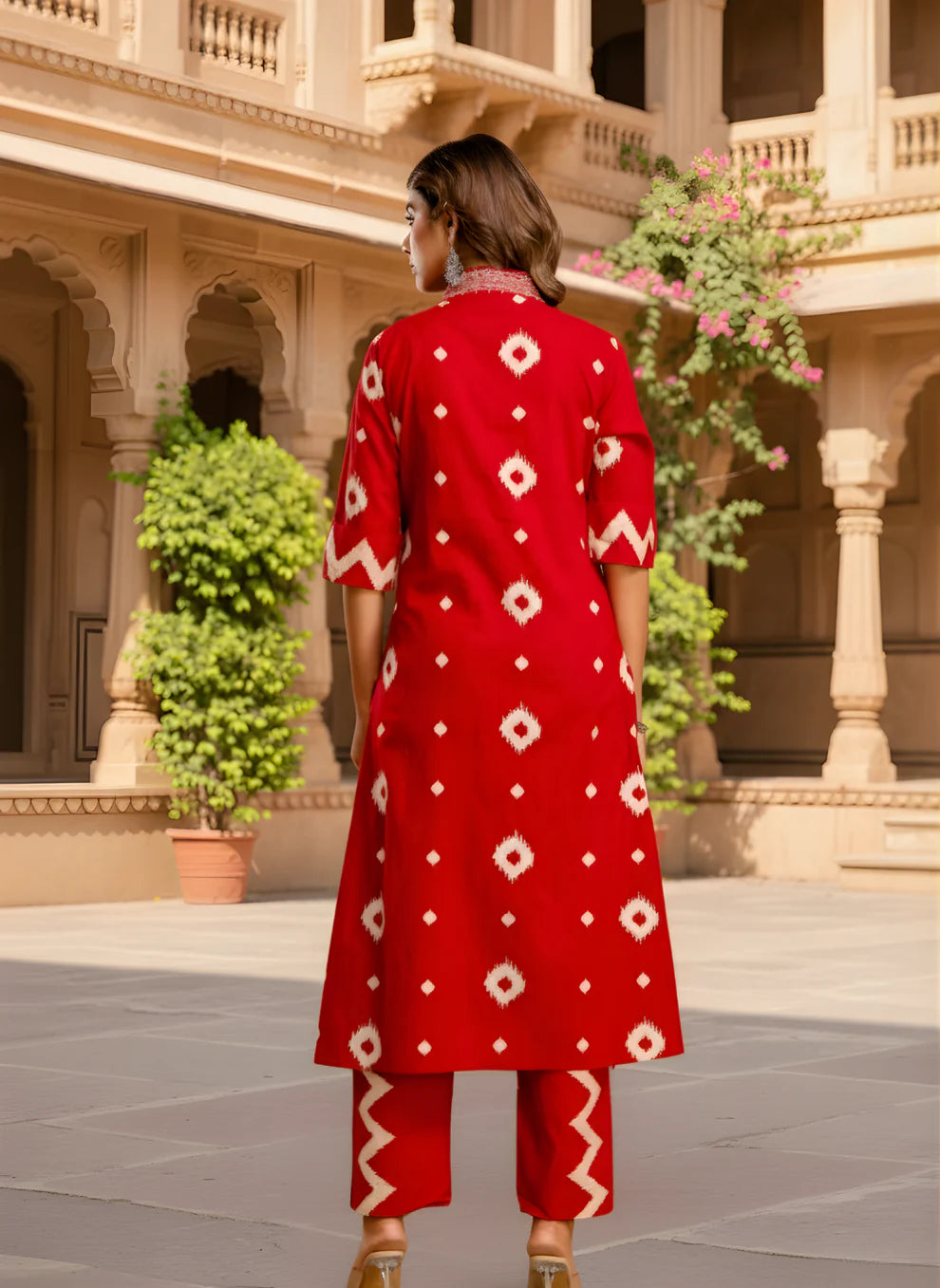 Red Ikat Geometric Print Pure Cotton Flared Anarkali Kurta & Pants Set with Embroidered V-Yoke