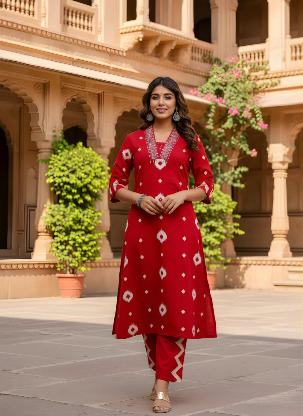 Red Ikat Geometric Print Pure Cotton Flared Anarkali Kurta & Pants Set with Embroidered V-Yoke